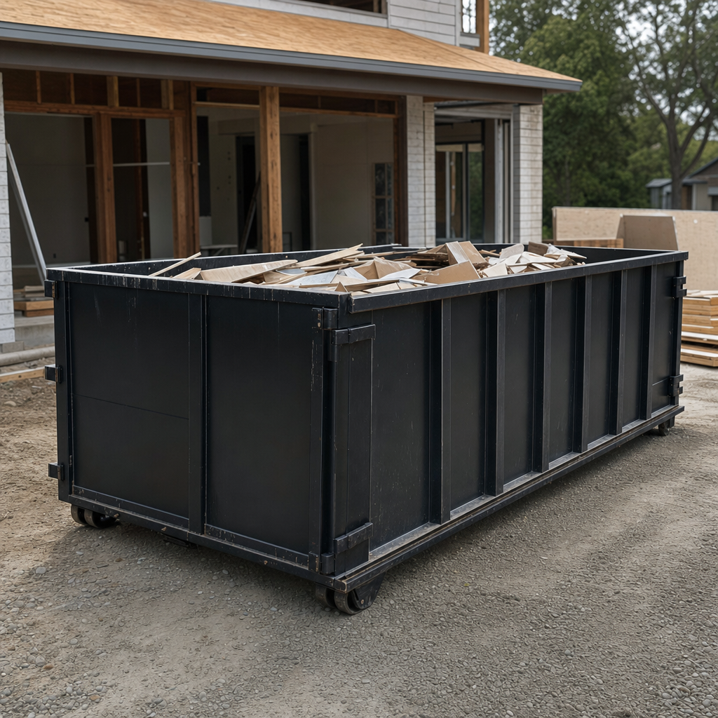 Large matte-black 30-yard construction roll-off dumpster at an active Des Moines jobsite, steel-gray top rails and bottom rollers visible, loaded with construction debris.